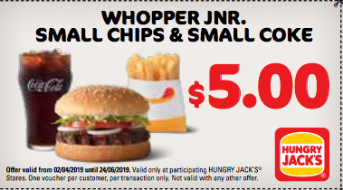 Whopper Junior, Small Chips & drink for $5.00